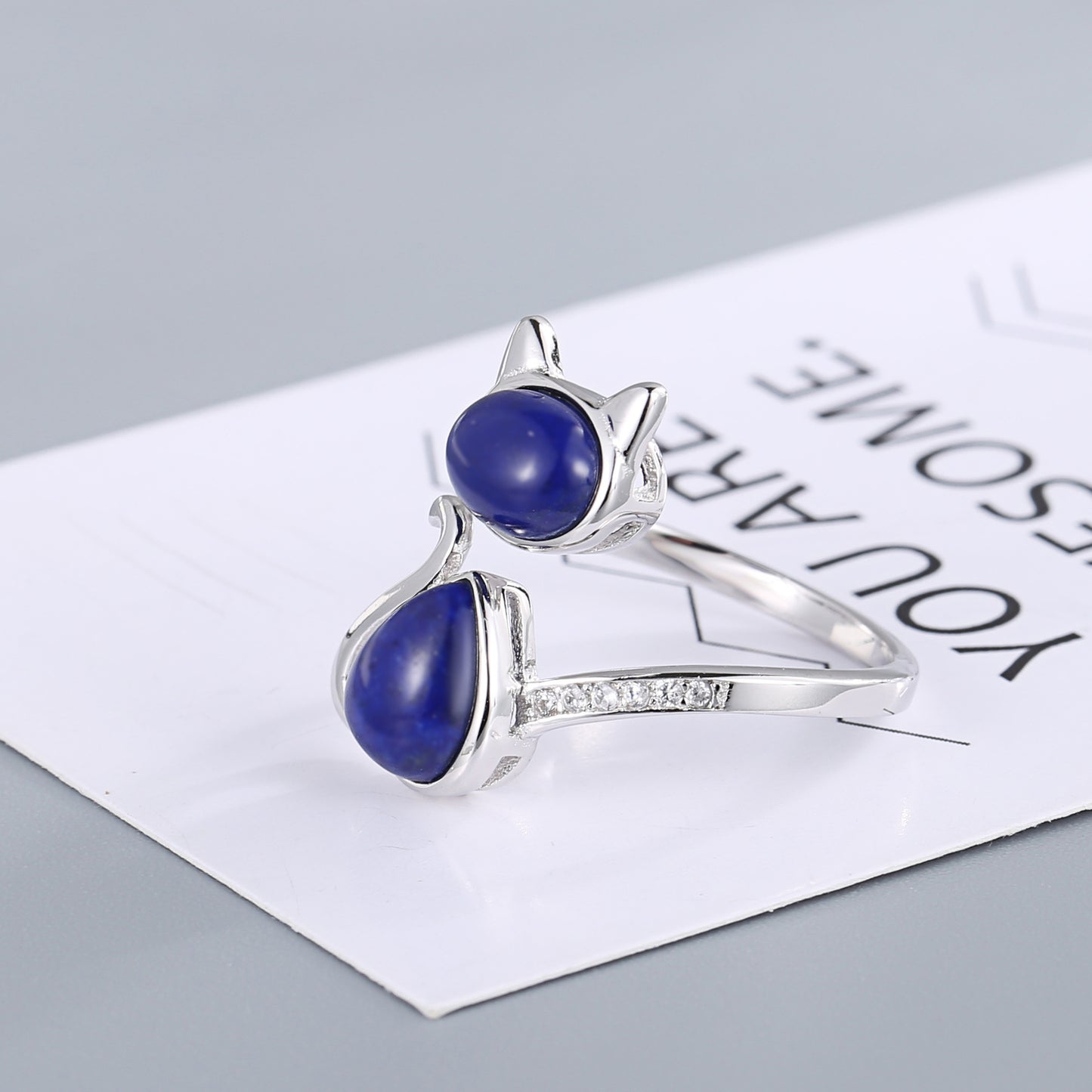 Cute Cat Inlay Design Sterling Sliver Rings for Women