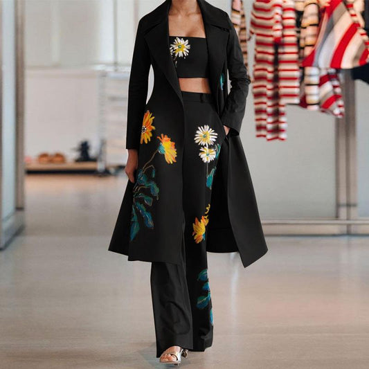 Classy Daisy Print Trenchcoat and Pants Suits-STYLEGOING