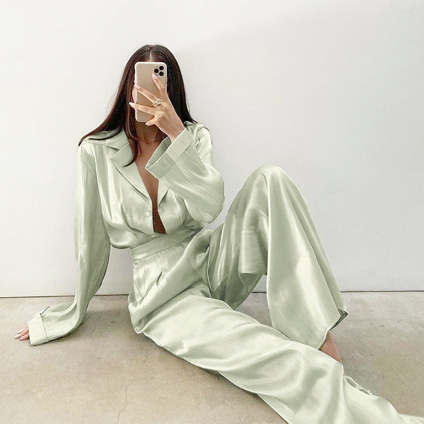 Classy Casual Women Long Sleeves Shirts and Wide Leg Pants