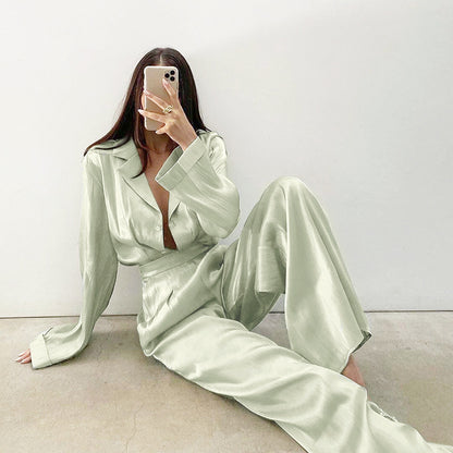 Classy Casual Women Long Sleeves Shirts and Wide Leg Pants
