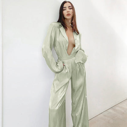 Classy Casual Women Long Sleeves Shirts and Wide Leg Pants