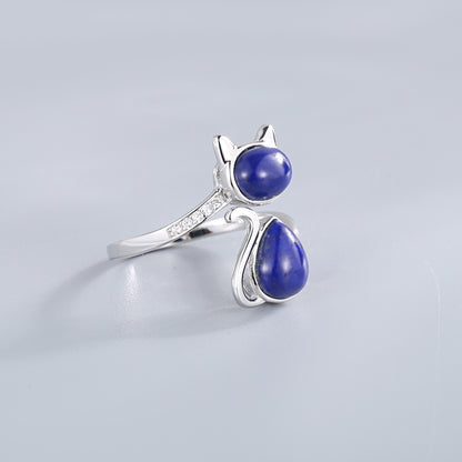 Cute Cat Inlay Design Sterling Sliver Rings for Women