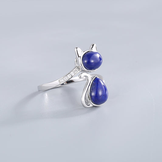 Cute Cat Inlay Design Sterling Sliver Rings for Women