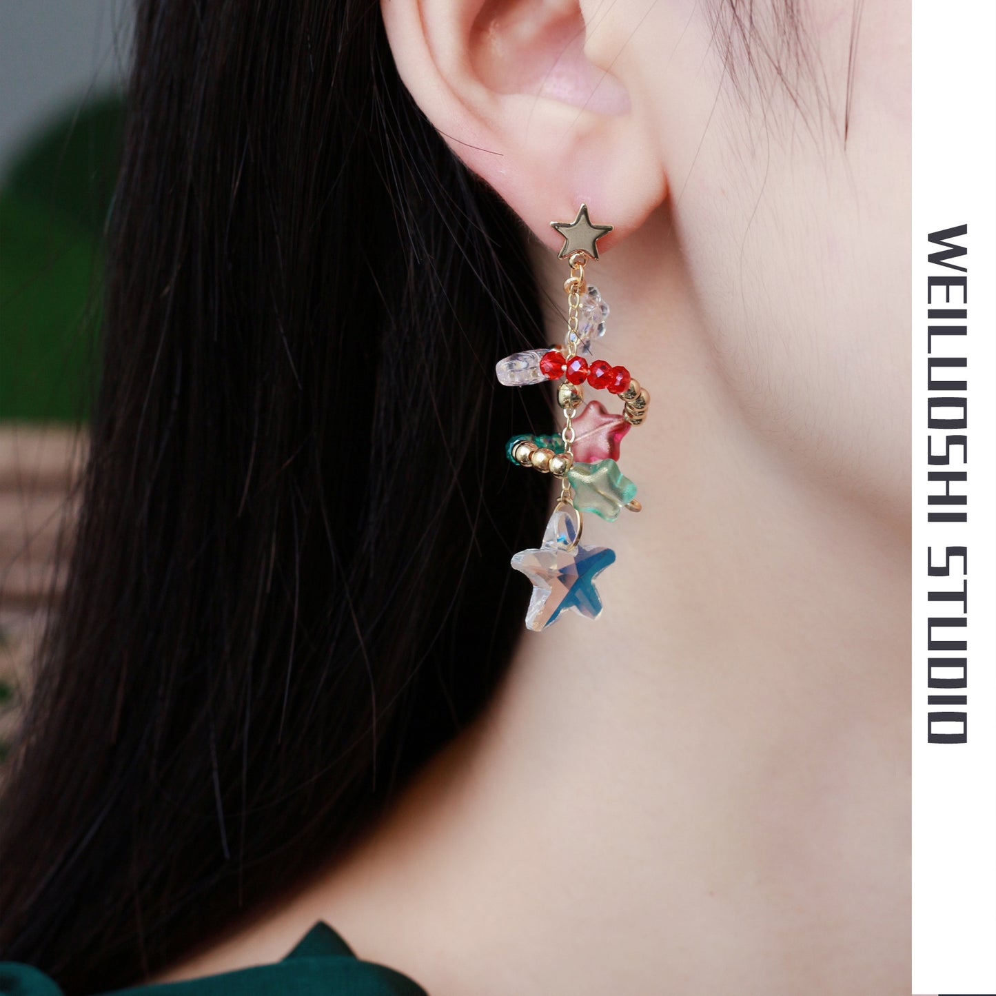 Cute Christmas Crystal Star Design Drop Earrrings for Women