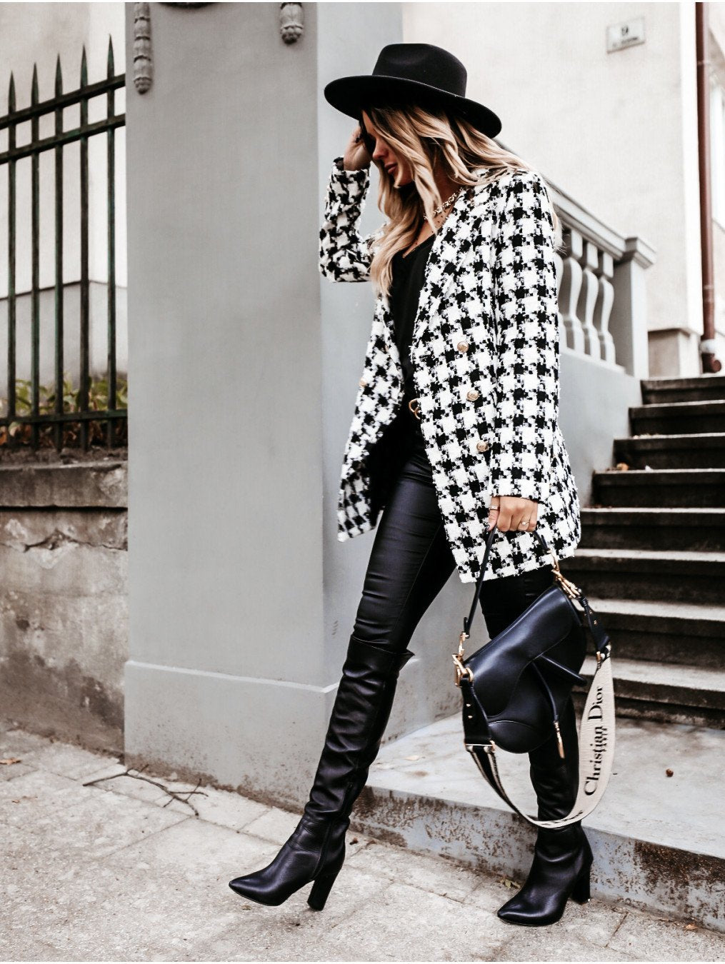 Women Turnover Collar Plaid Winter Overcoat-STYLEGOING