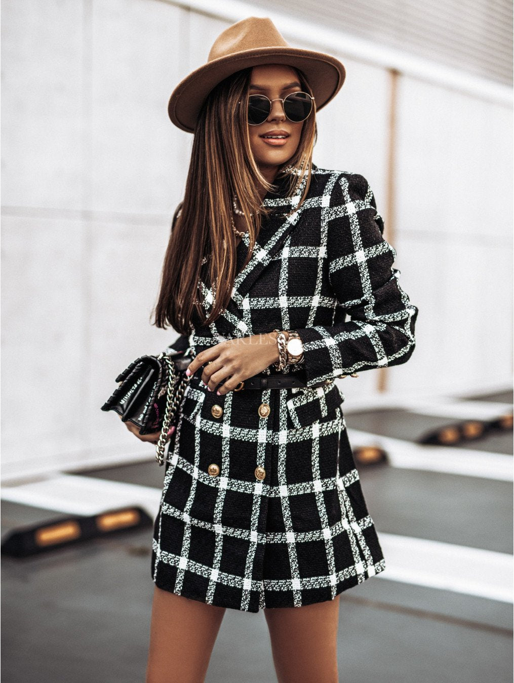 Women Turnover Collar Plaid Winter Overcoat-STYLEGOING