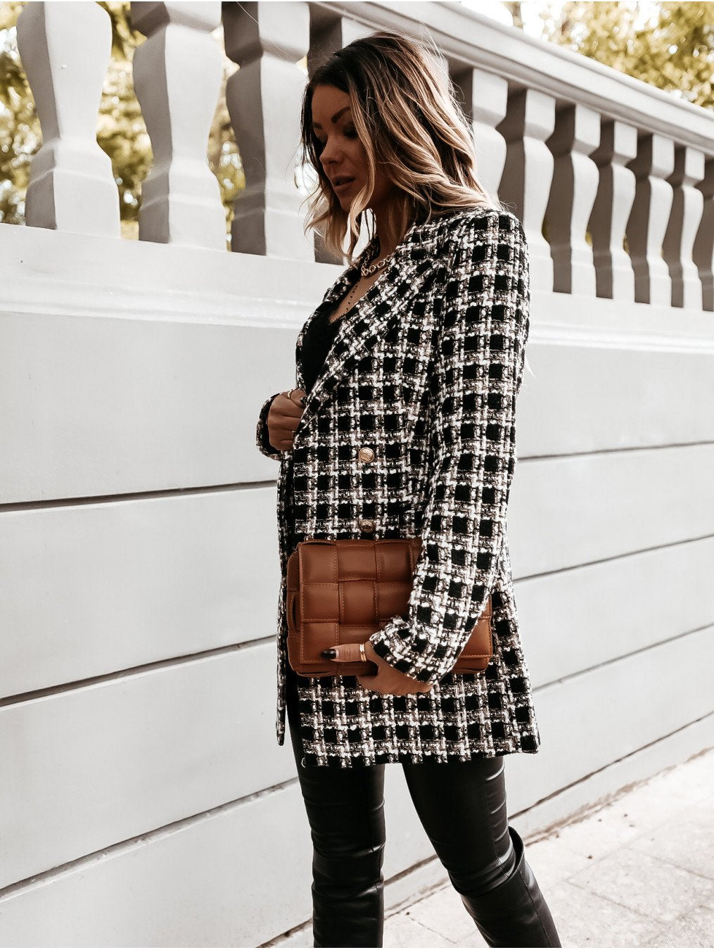 Women Turnover Collar Plaid Winter Overcoat-STYLEGOING