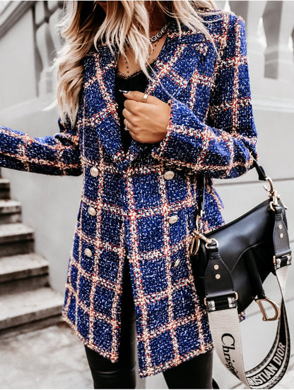 Women Turnover Collar Plaid Winter Overcoat-STYLEGOING