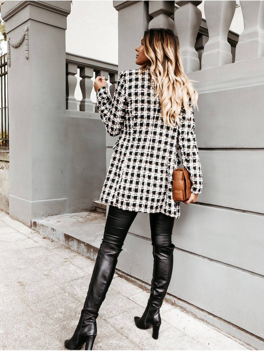 Women Turnover Collar Plaid Winter Overcoat-STYLEGOING