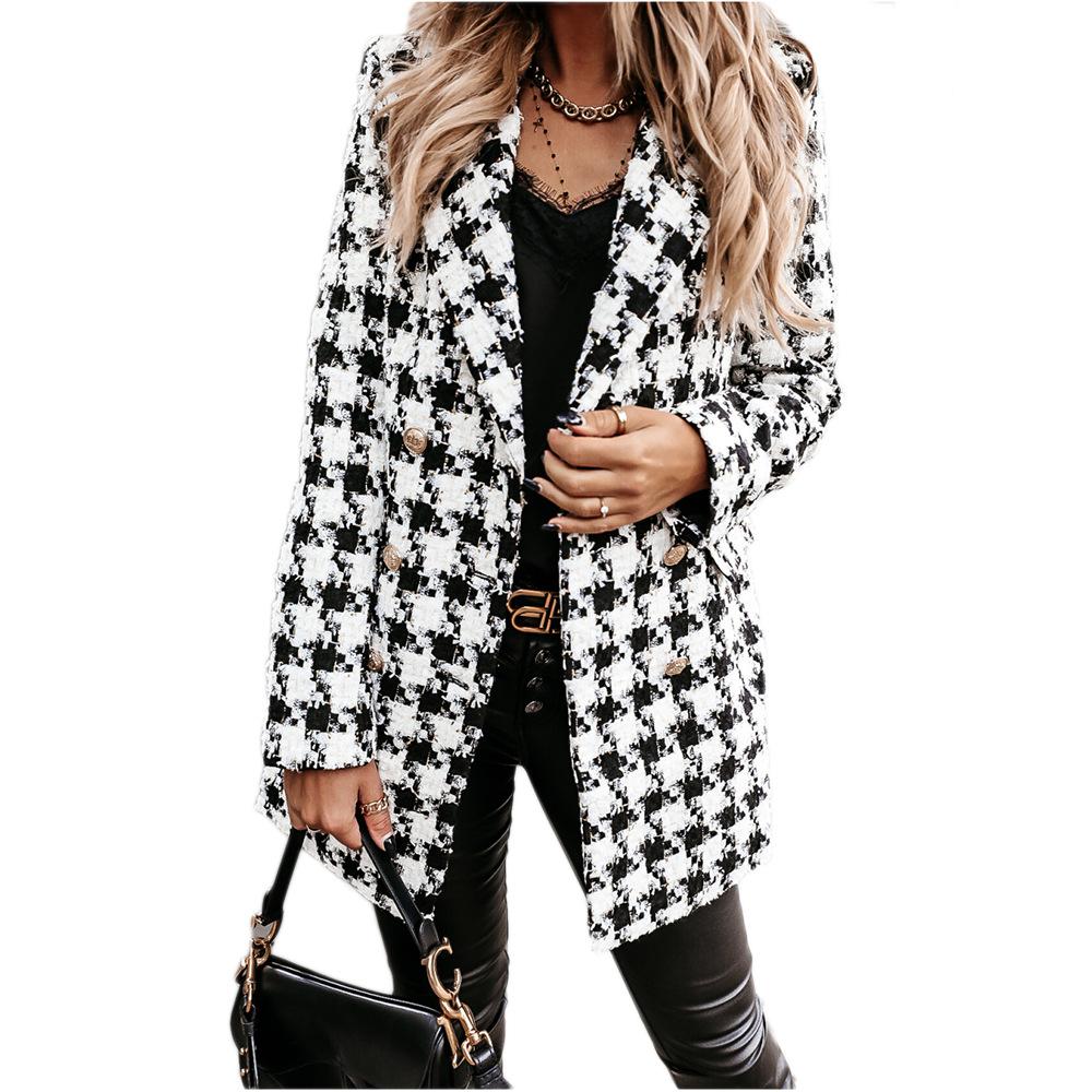 Women Turnover Collar Plaid Winter Overcoat-STYLEGOING