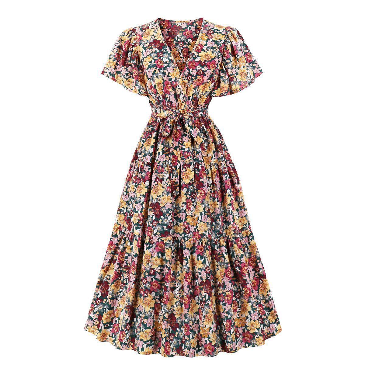 Vintage V Neck Short Sleeves Long Dress-STYLEGOING
