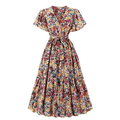 Vintage V Neck Short Sleeves Long Dress-STYLEGOING