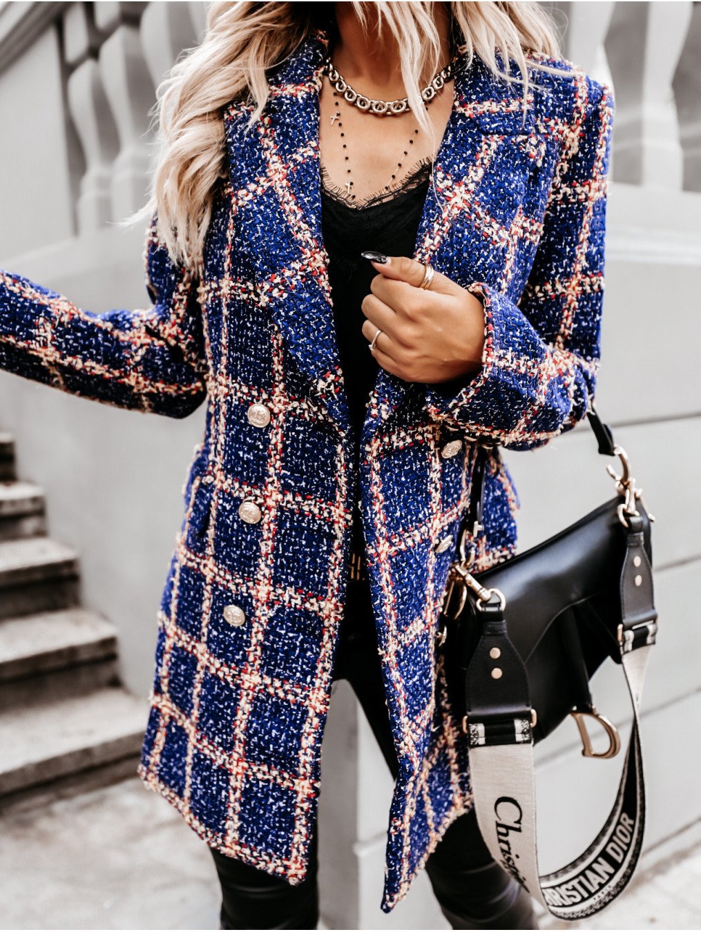 Women Turnover Collar Plaid Winter Overcoat-STYLEGOING