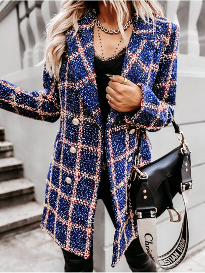 Women Turnover Collar Plaid Winter Overcoat-STYLEGOING