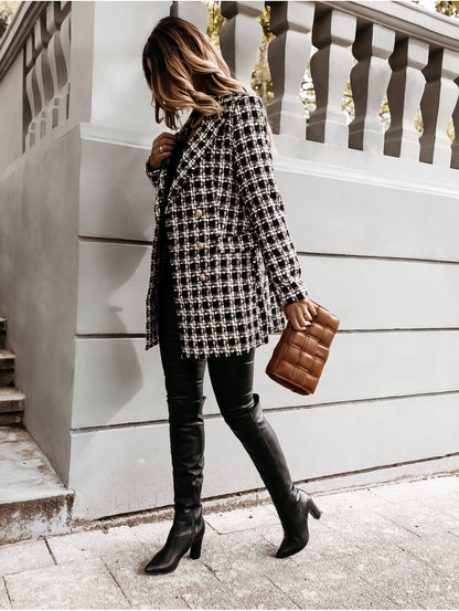 Women Turnover Collar Plaid Winter Overcoat-STYLEGOING