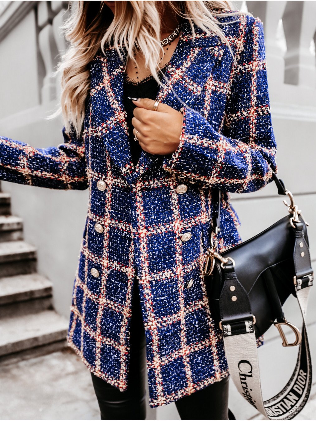Women Turnover Collar Plaid Winter Overcoat-STYLEGOING