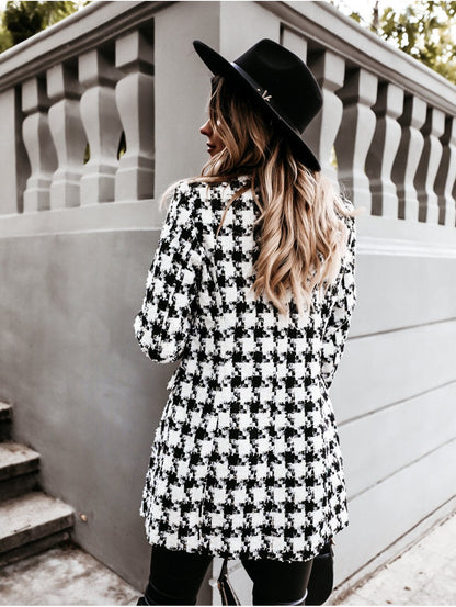 Women Turnover Collar Plaid Winter Overcoat-STYLEGOING