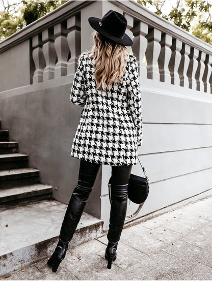 Women Turnover Collar Plaid Winter Overcoat-STYLEGOING