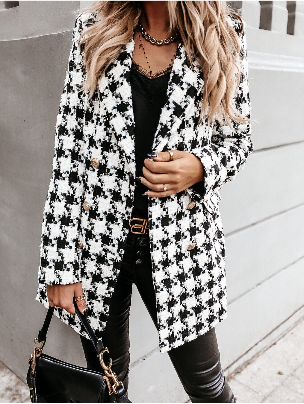 Women Turnover Collar Plaid Winter Overcoat-STYLEGOING
