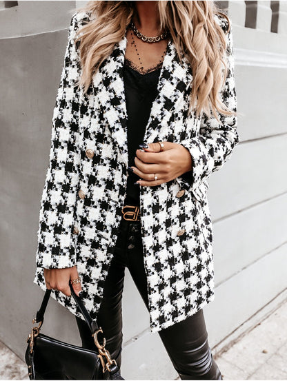 Women Turnover Collar Plaid Winter Overcoat-STYLEGOING
