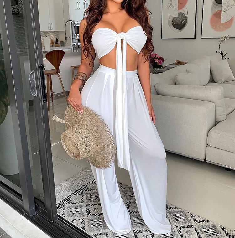 Sexy Women Strapless Tops+loose Pants Suits-STYLEGOING