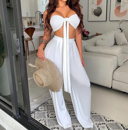 Sexy Women Strapless Tops+loose Pants Suits-STYLEGOING