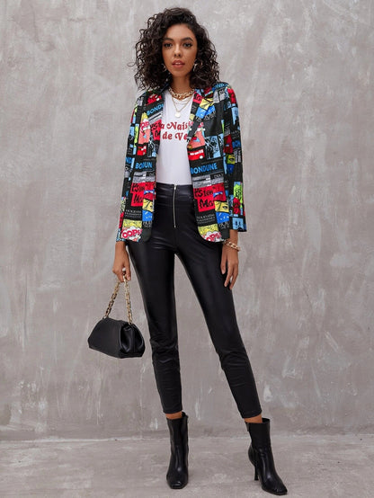 Women Selling Newspaper Print Blazers-STYLEGOING