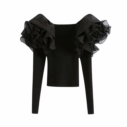 Sexy Black V Neck Knitting Long Sleeves Shirts