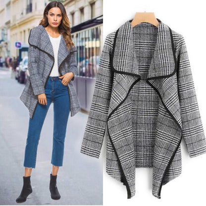Women Plaid Turnover Collar Woolen Overcoat
