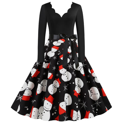 Women Christmas Snowman Slong Sleeves Winter Dresses-STYLEGOING