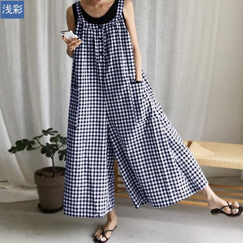 Vintage Women Plaid Loose Sleeveless Jumpsuits-STYLEGOING