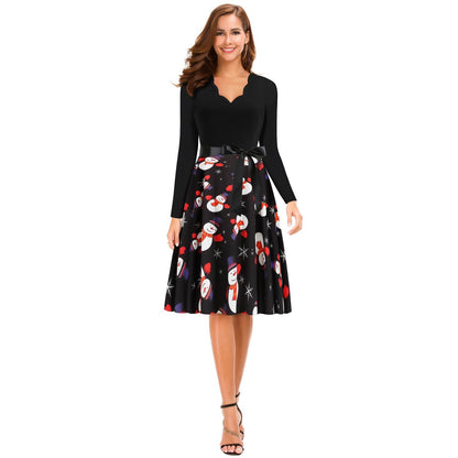 Women Vintage Christmas Snowmen Slim Waist Dresses-STYLEGOING