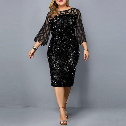 Women Sequin Plus Sizes 3/4 Length Sleeves Fall Dresses-STYLEGOING