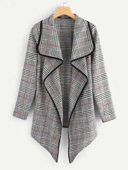 Women Plaid Turnover Collar Woolen Overcoat