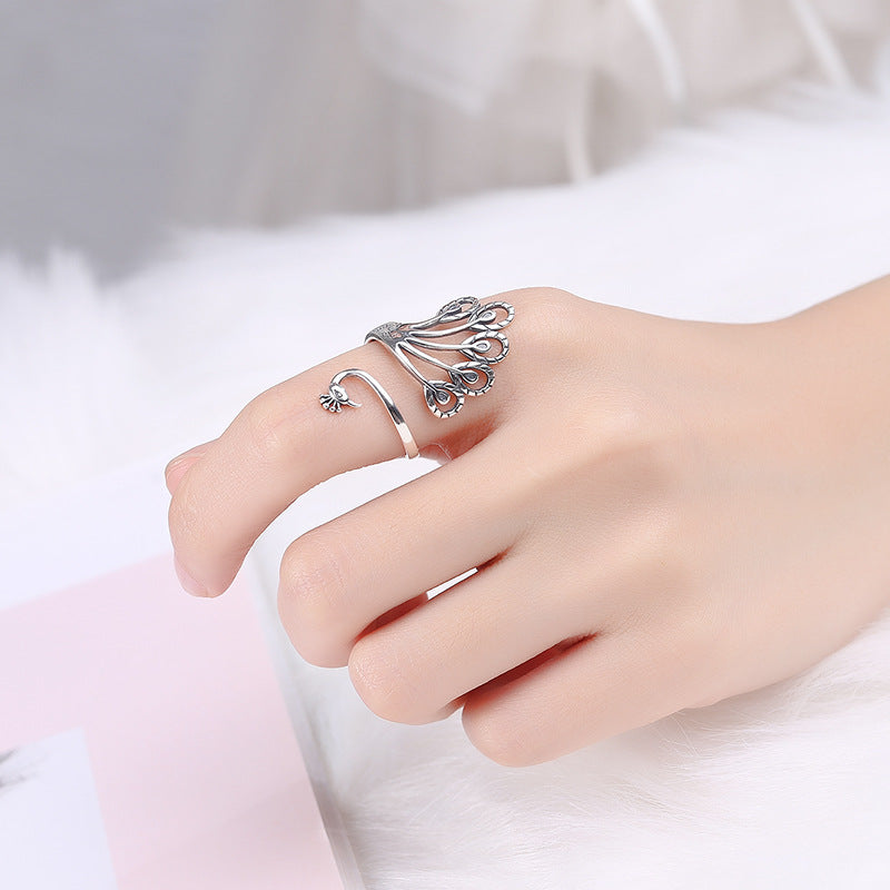 Vintage Open End Peacock Design Sliver Rings for Women