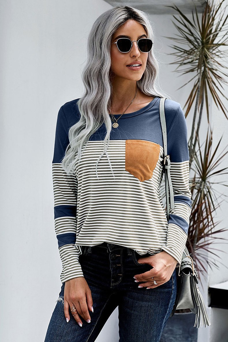 Women Striped Long Sleeves T Shirts-STYLEGOING