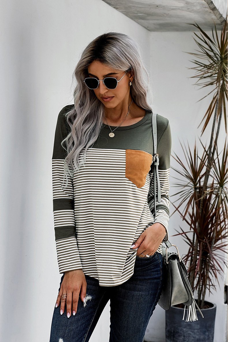 Women Striped Long Sleeves T Shirts-STYLEGOING