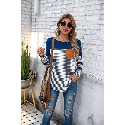 Women Striped Long Sleeves T Shirts-STYLEGOING