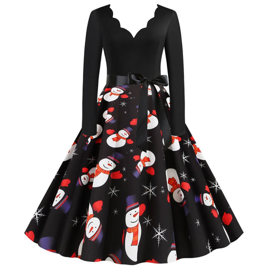 Women Vintage Christmas Snowmen Slim Waist Dresses-STYLEGOING