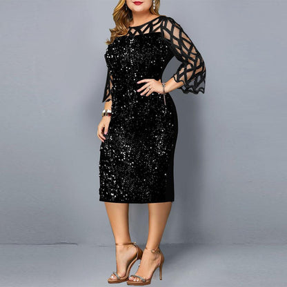 Women Sequin Plus Sizes 3/4 Length Sleeves Fall Dresses-STYLEGOING