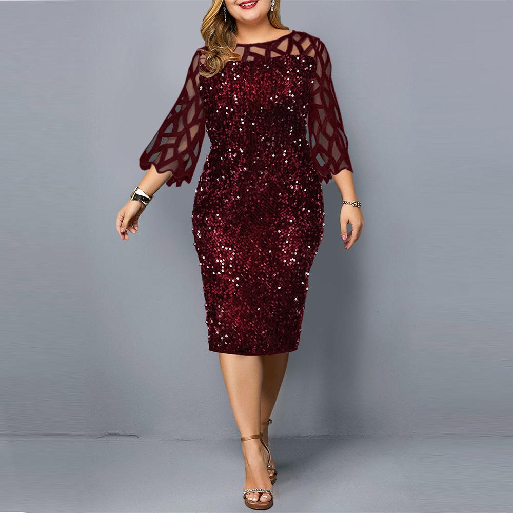 Women Sequin Plus Sizes 3/4 Length Sleeves Fall Dresses-STYLEGOING