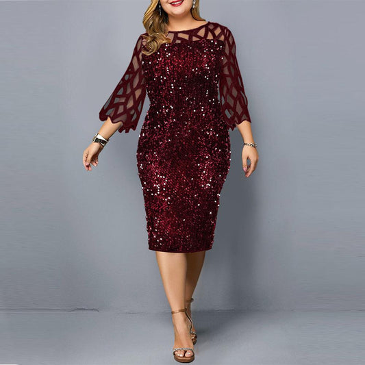 Women Sequin Plus Sizes 3/4 Length Sleeves Fall Dresses-STYLEGOING