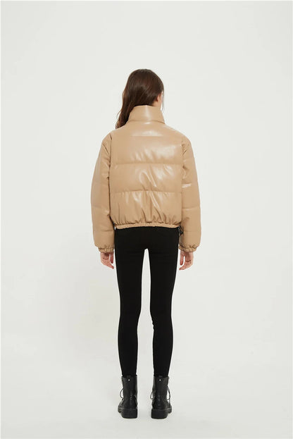Casual Pu Leather High Neck Women Cotton Jacket Overcoat