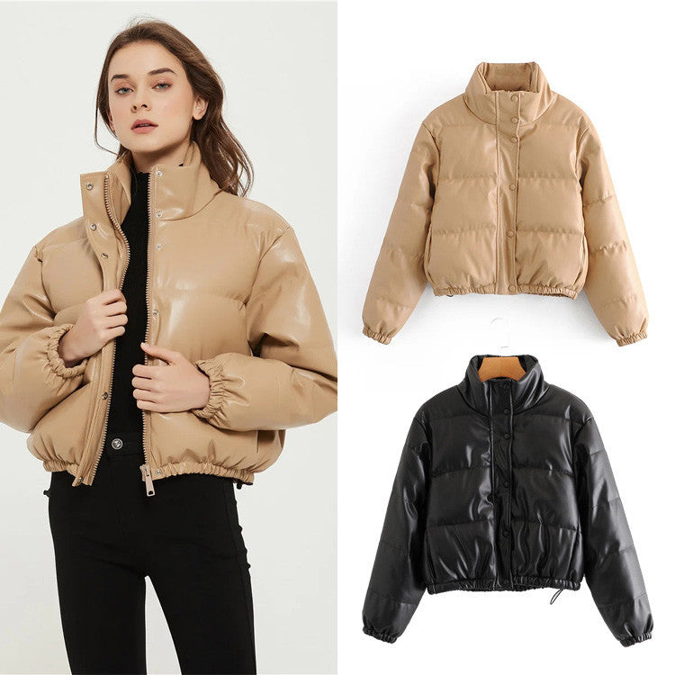 Casual Pu Leather High Neck Women Cotton Jacket Overcoat