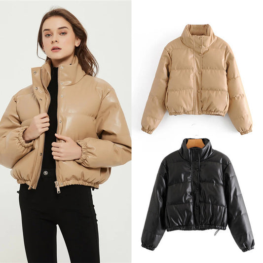 Casual Pu Leather High Neck Women Cotton Jacket Overcoat