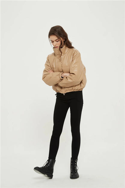 Casual Pu Leather High Neck Women Cotton Jacket Overcoat