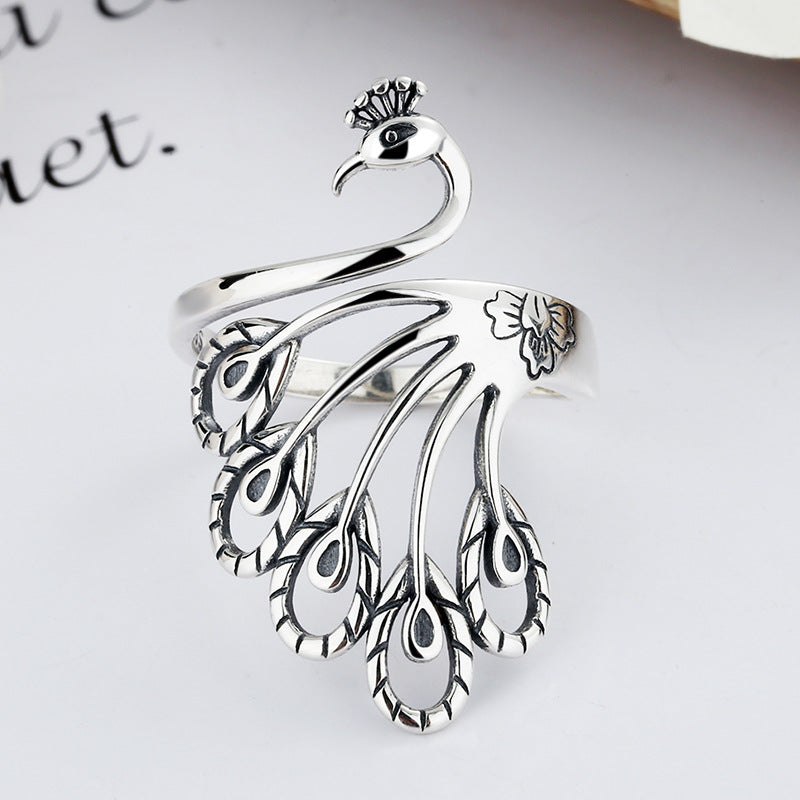 Vintage Open End Peacock Design Sliver Rings for Women