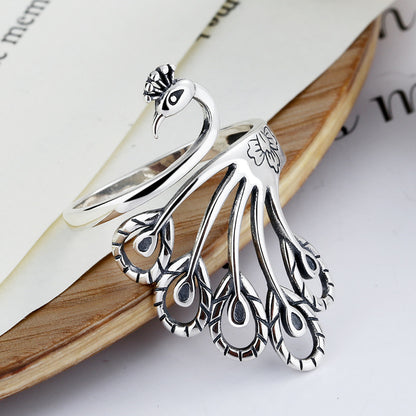 Vintage Open End Peacock Design Sliver Rings for Women