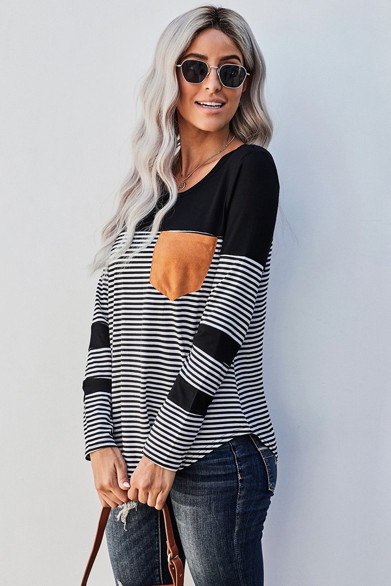 Women Striped Long Sleeves T Shirts-STYLEGOING