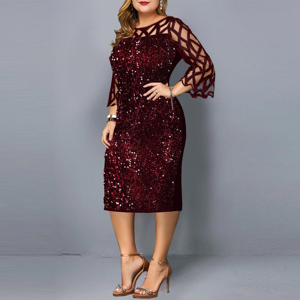 Women Sequin Plus Sizes 3/4 Length Sleeves Fall Dresses-STYLEGOING